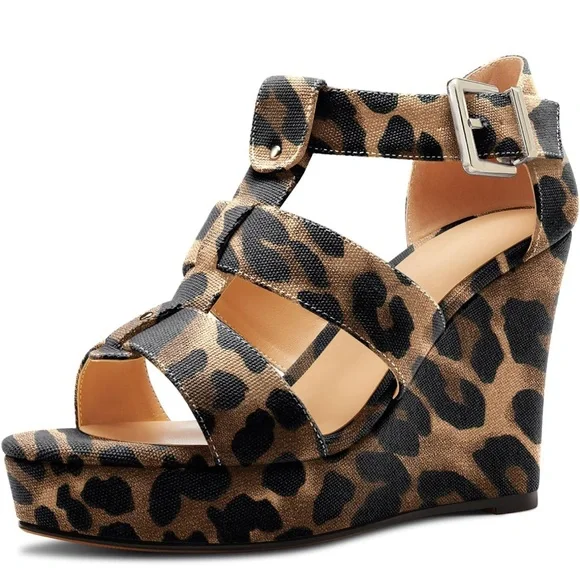 Brown Leopard Print Wedge Sandals with Strappy Design - Picture 7 of 10